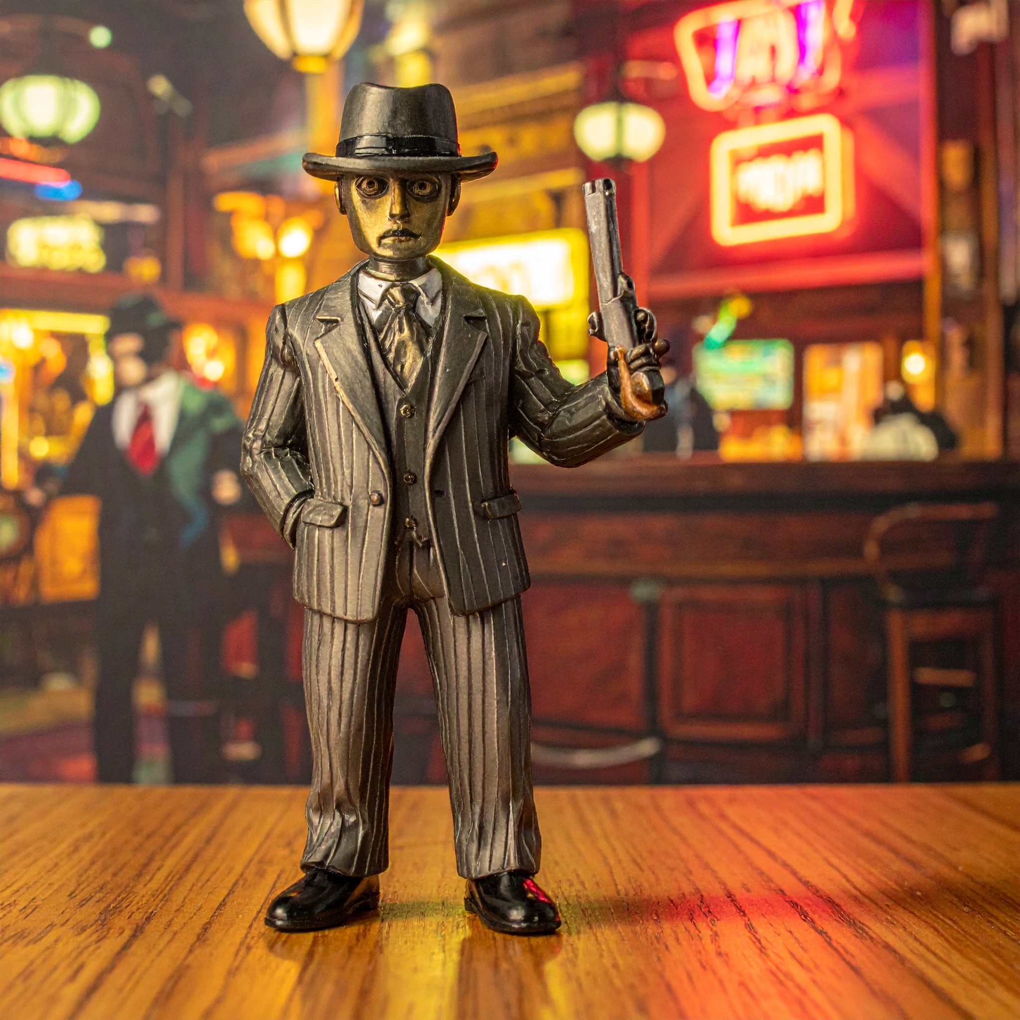 A metal robot enforcer in a noir bar